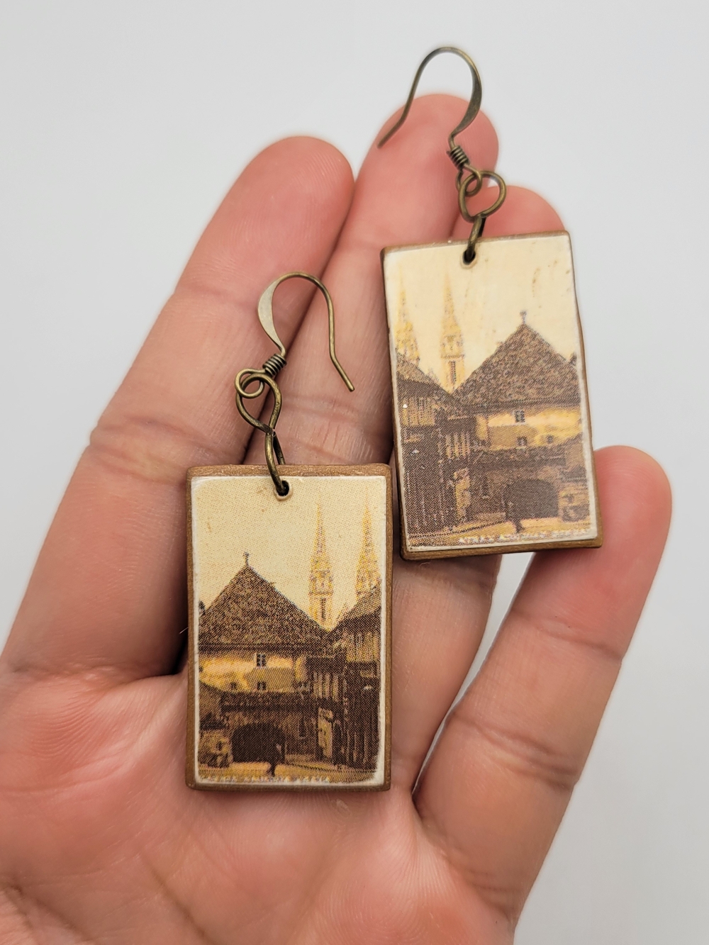 Handmade Wood Dangle Earrings Vintage Postcard Decoupage European Cathedral